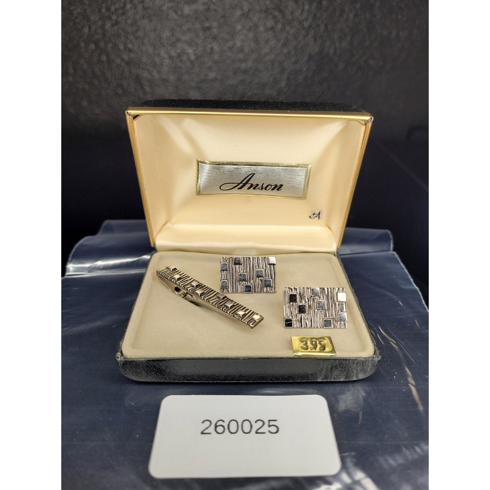 Anson Cufflink Tie Clip Set Silver Tone Textured Bark Black Square Geometric